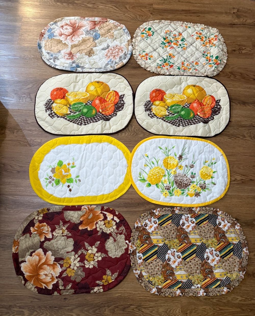 Vintage Handmade Quilted Placemats Lot of 6 Floral Fruit 19x13